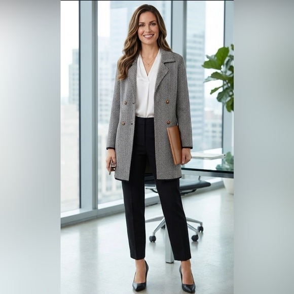 Anne Klein Jackets & Blazers - Anne Klein Chevron Double Breasted Knit Blazer Jacket Metallic Black White M
